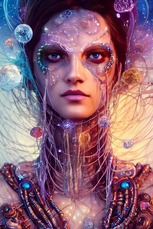 Image similar to a centered render of an alluring majestic post apocalyptic cyborg goddess wearing flowing silk gemstones and crystals and leather clothing surrounded by bio - luminescent jellyfish and sacred geometry, perfect body and face, gorgeous, cinematic, beautifully lit, by artgerm, by karol bak, by donato giancola, 3 d, trending on artstation, octane render, 8 k