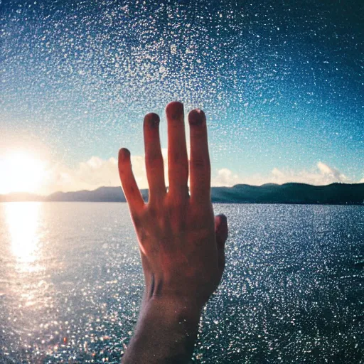 Prompt: POV of a pair of hands above a shimmering body of water