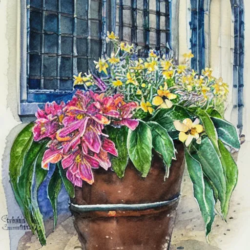 Prompt: a beautifull intricate watercolor painting of potted planter with flowers inside sitting on wet sidewalk, reflexions, high details by stephanie law art