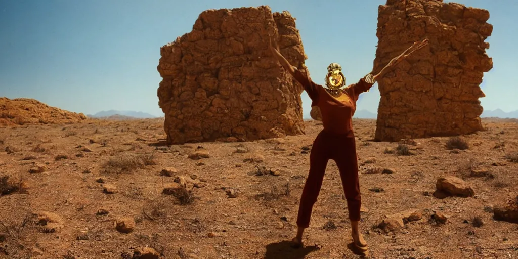 Image similar to levitating woman with full - face golden mask in a dry rocky desert landscape, visible sky and sunny atmosphere, fata morgana and giant mirrors by alejandro jodorowsky, anamorphic lens, kodakchrome, practical effects, masterpiece, 8 k