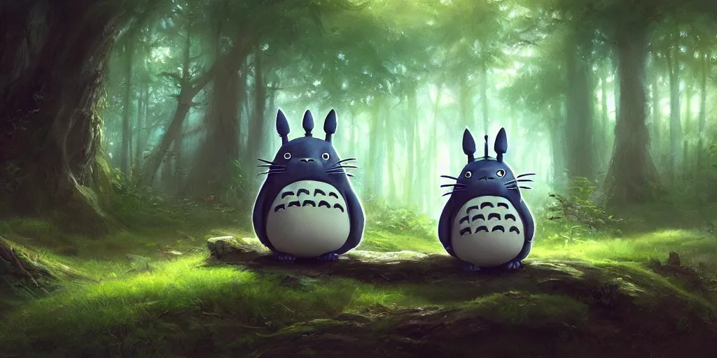 Prompt: Totoro sitting in a forest, fantasy, pixar,, high detail, god rays, painting by greg rutkowski, deviantart, trending on artstation, artstationHD, artstationHQ