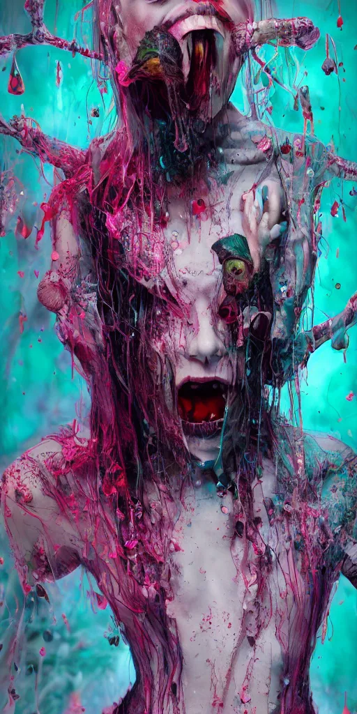 Image similar to impossibly beautiful vampire with large vampire fangs, full body, intricate complexity, surreal horror, psychedelic glitch art, rainbow drip paint, trending on art station, photoreal, 8k, octane render