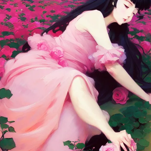 Image similar to beautiful rose anime pink - hair girl in elegent black dress, laying on roses, krenz cushart, mucha, ghibli, by joaquin sorolla rhads leyendecker, by ohara koson