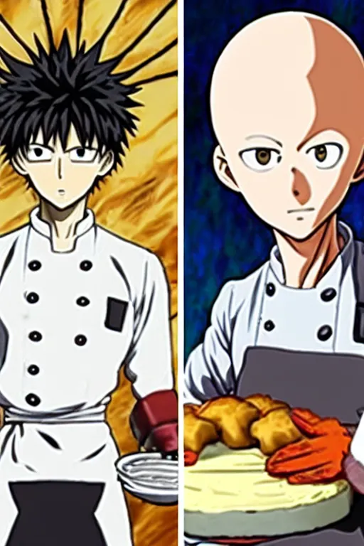 Prompt: chef saitama one punch man, dressed as a pastry chef, making a cake, masterpiece anime artwork
