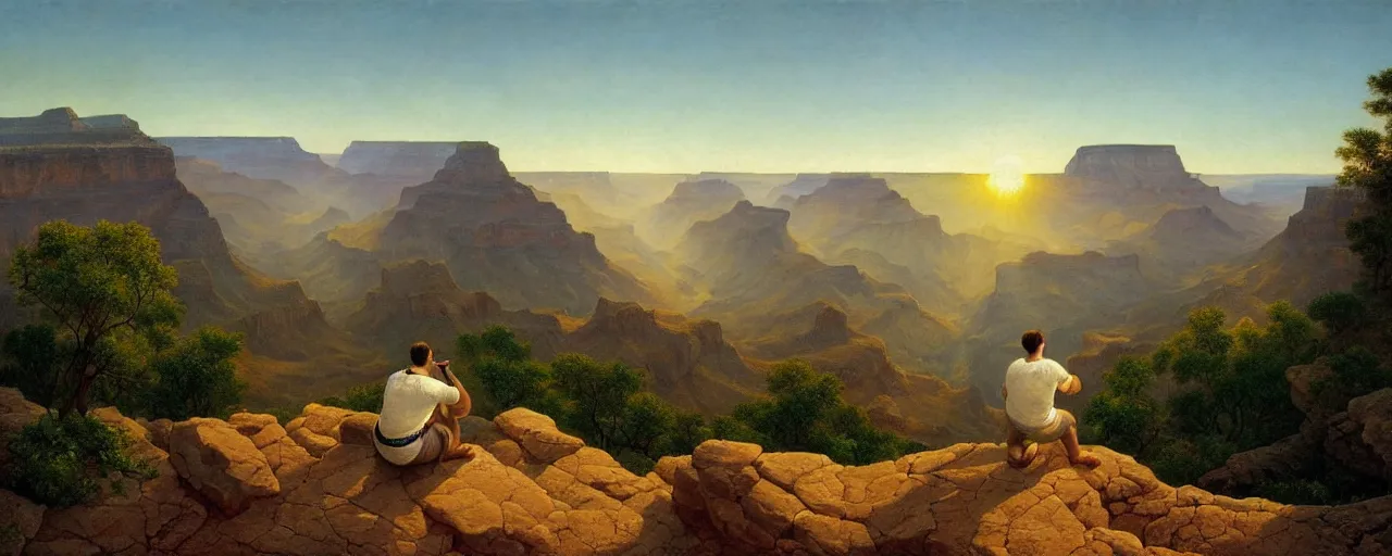 Image similar to romantic painting, wide shot of a chubby man in wearing a white t - shirt and blue shorts ( looking at his cellphone )!!!!!! in front of a the grand canyon at sunrise, highly detailed, sublime, hyperrealistic, painted by caspar david friedrich and albert bierstadt, trending on artstation 8 k