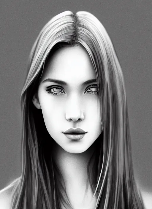 Image similar to full body portrait of a beautiful young woman in black and white, photorealistic, hair down to waist, sharp focus, in the style of Kevin Kostic, Stephen Lau and artgerm, hyper sharp focus, 8k highly detailed