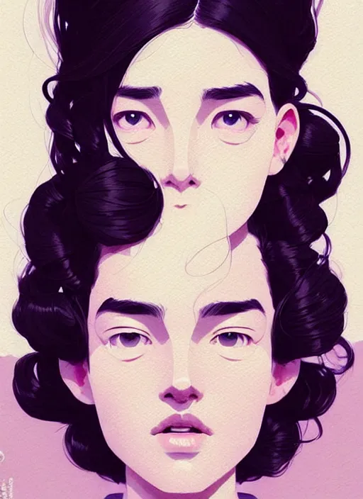 Prompt: highly detailed portrait of an androginous person, soft background, ringlet hair by atey ghailan, by greg rutkowski, by greg tocchini, by james gilleard, by joe fenton, by kaethe butcher, gradient violet, black, cream and white color scheme, trending in pinterest, award winning details