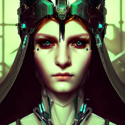 Image similar to cyberpunk robotic dark elvish queen, diadem on the head, black tears, extremely detailed, hyperrealistic, intricate, soft light, fantasy, digital painting, art station, perfect faces, fine details, by wlop