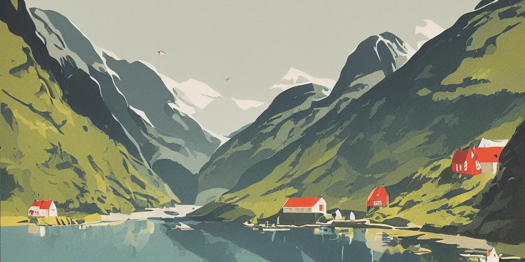 Image similar to beautiful idyllic poster illustration for a norwegian fjord valley national park by ludwig hohlwein, ludwig hohlwein, graphic, clean bold design no text