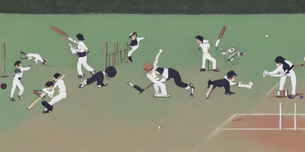 Image similar to cats playing cricket in a cricket ground, art by Hayao Miyazaki