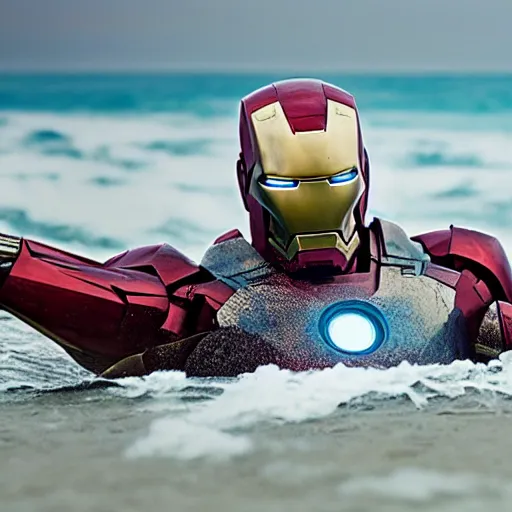 Image similar to still of iron man buried in the sea