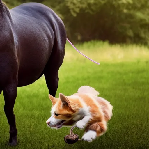 Prompt: a cat riding a dog riding a horse, realistic, 4k