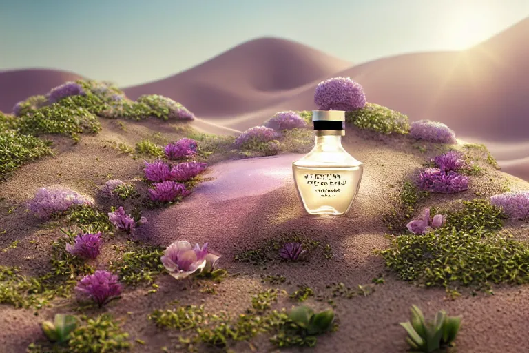 Image similar to perfume bottle buried flowers at a zen oasis hotspring by peter tarka in the middle of a desert with little flowers, soft lilac skies, silky smooth, dramatic, mid day, sand dune background, large scale, wind - swept, lots of detail, realistic lighting, octane render, by wlop, artgerm, trending on artstation