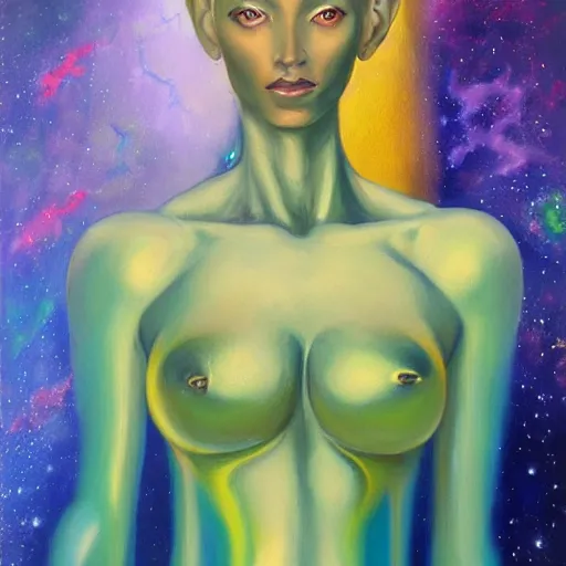 Image similar to a beautiful Pleiadian human-alien hybrid woman, oil painting, featured on artstation