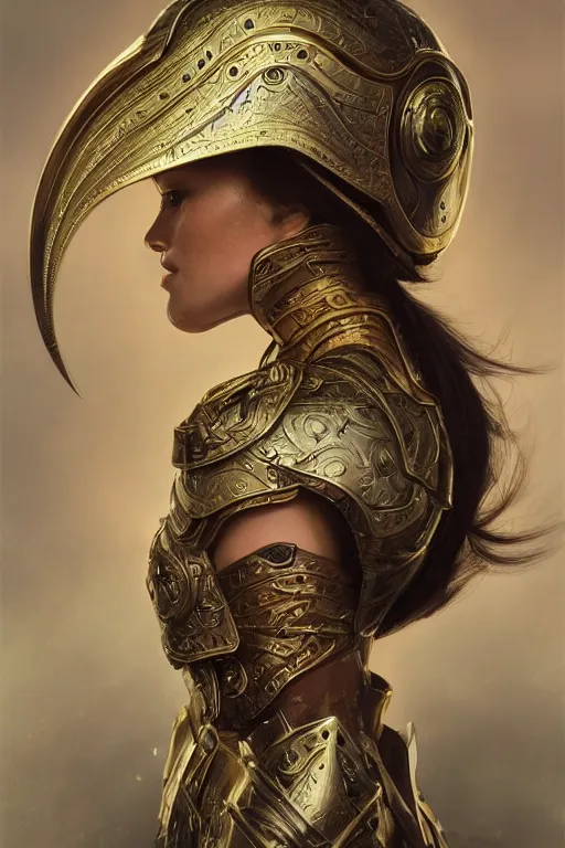 Image similar to a portrait of an attractive young female, ornate metallic helmet, clothed in battle armor, olive skin, long dark hair, beautiful bone structure, symmetrical facial features, intricate, elegant, highly detailed, digital painting, trending on Artstation, concept art, smooth, sharp focus, illustration, art by artgerm and greg rutkowski and alphonse mucha