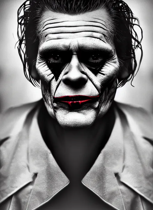 Prompt: photo of Willem Dafoe as the Joker by Lee Jeffries, detailed, award winning, Sony a7R, trending on artstation