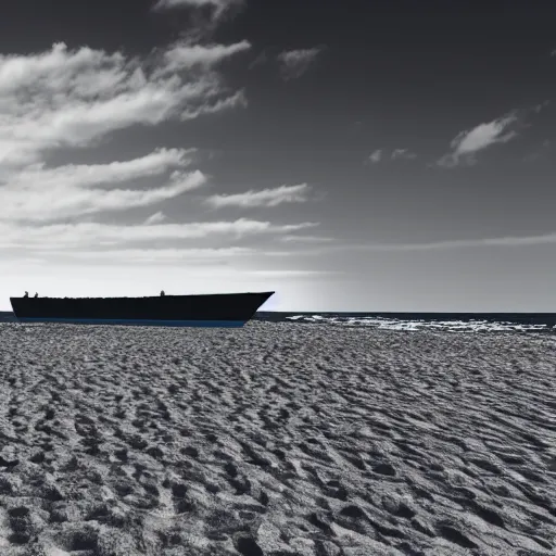 Image similar to A ship on a deserted island, realism drawing on white background