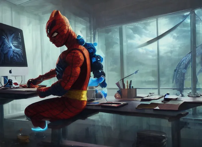 Image similar to an insanely detailed painting of an asian man wearing a homemade superhero costume, sitting at a desk, staring seriously at the computer and typing, in the style of peter mohrbacher, james jean, artgerm, dramatic lighting and composition, surreal background, octane render, pixar, trending on artstation, concept art, comic book, view from behind, 8 k