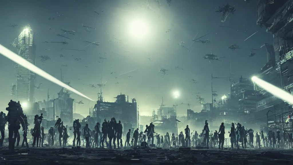 Prompt: low angle shot of a horde of people in a post-apocalyptic city at night, spaceships with blue contrails in background, hyperrealistic, Cryengine 8k UHD