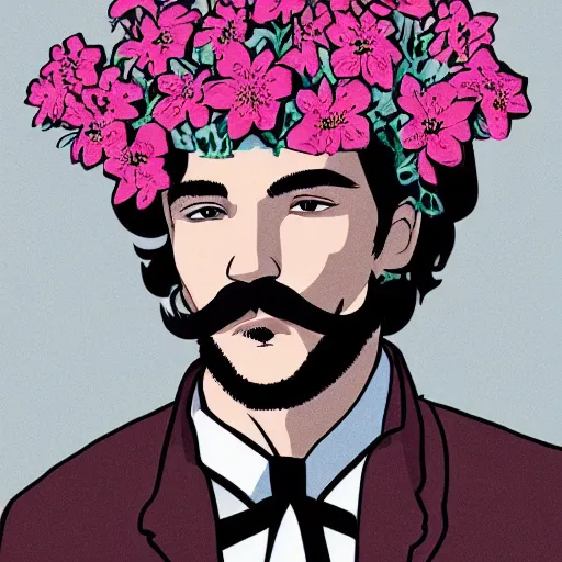 Image similar to a man with a moustache standing in front of flowers, a character portrait by jack smith, tumblr contest winner, aestheticism, masculine, aesthetic, ilya kuvshinov