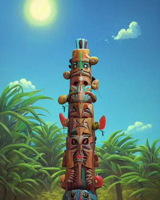 Image similar to a painting of a tribal tiki hut with a totem pole by its side, a surrealist painting by Naoto Hattori, by Beeple, by Makoto Shinkai and Lois van baarle, trending on deviantart, pop surrealism, lowbrow, grotesque, whimsical