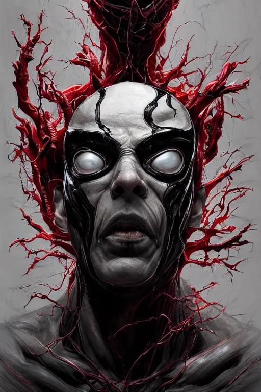 Image similar to Portrait of Steve Buscemi as symbiote Carnage, red, marvel comics, dark, intricate, highly detailed, smooth, artstation, digital illustration by Ruan Jia and Mandy Jurgens and Artgerm and Wayne Barlowe and Greg Rutkowski and Zdislav Beksinski