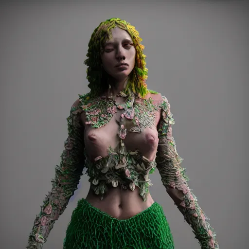 Image similar to cthulhy woman, clothes made out of flower, bedroom, ultra realistic, concept art, intricate details, highly detailed, photorealistic, octane render, 8 k