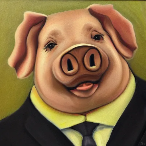 Prompt: portrait of an anthropomorphic fat pig wearing a suit, oil painting, masterpiece, extremely detailed, sharp focus, intricate, award-winning, hyperrealistic
