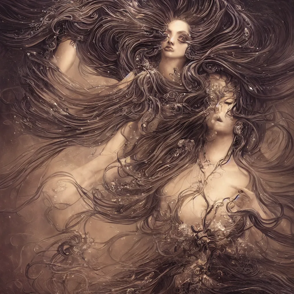 Prompt: goddess dancing in the dark, flowing hair, fantasy, surreal, intricate and very beautiful and elegant, highly detailed, digital painting, trending on artstation, concept art, smooth and sharp focus, illustration, art by tan zi and ayanamikodon and salvador dali