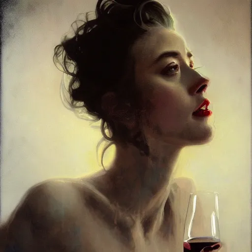 Image similar to hyperrealistic portrait of a woman as amber heard drinking wine in hell noir by jeremy mann and alphonse mucha, fantasy art, photo realistic, dynamic lighting, artstation, poster, volumetric lighting, very detailed faces, 4 k, award winning