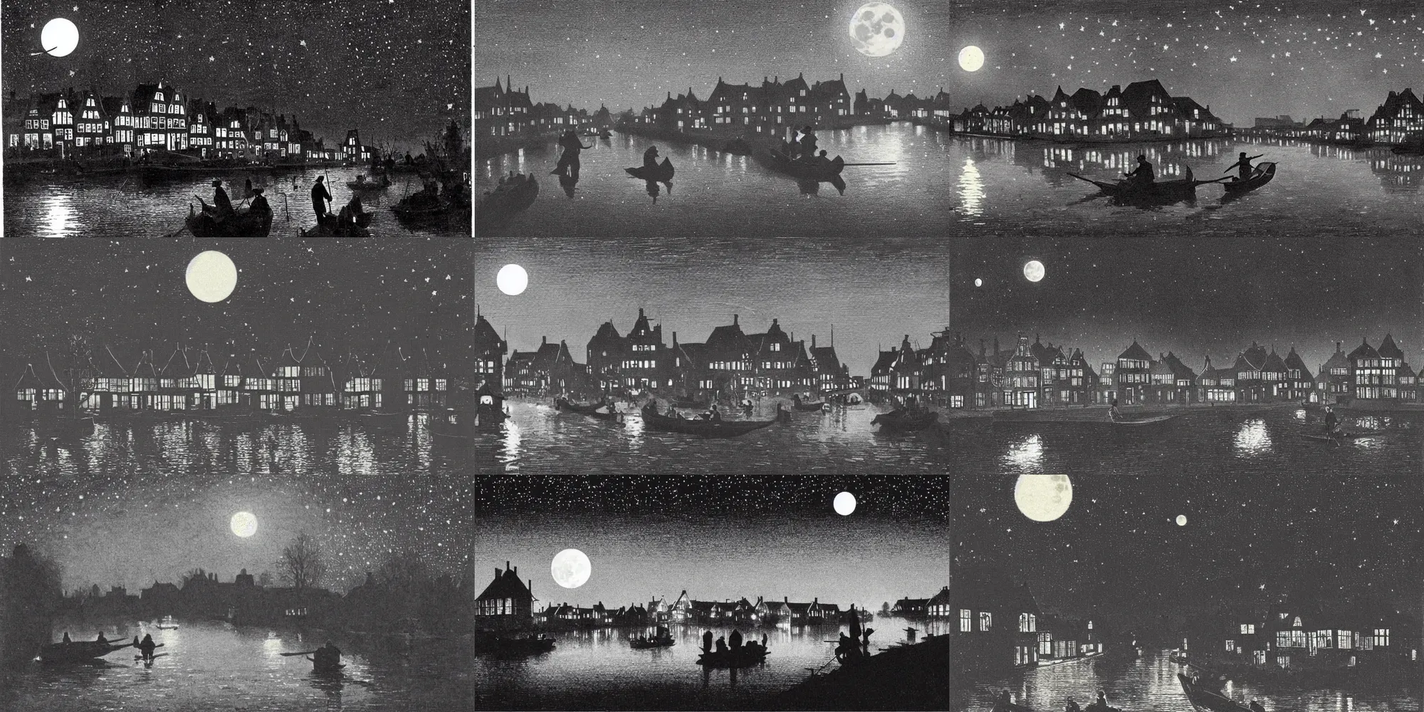 Prompt: Dutch houses along a river, silhouette!!!, Circular white full moon, black sky with stars, lit windows, stars in the sky, b&w!, Reflections on the river, a man is punting, flat!!, Front profile!!!!, street lanterns, 1904, Style of Frank Weston, illustration,spectacular