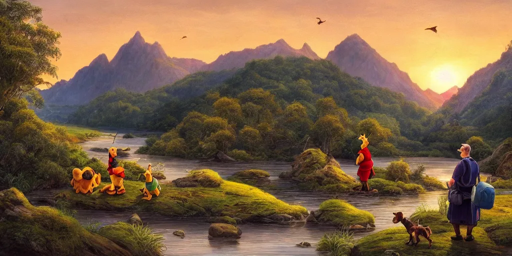 Image similar to A majestic landscape featuring a river, mountains and a forest. A group of birds is flying in the sky. There is an old man with a dog standing next to him. The man is wearing a backpack. They are both staring at the sunset. Cinematic, very beautiful, painting in the style of Winnie the pooh