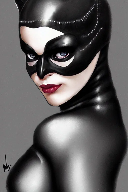 Prompt: beautiful aesthetic portrait of Catwoman from Batman returns by wlop and Julia Razumova, headshot, deviantArt, trending on artstation, artstation HQ