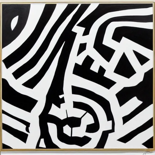 Image similar to black and white abstract painting with shapes and lines by leopoldo mendez