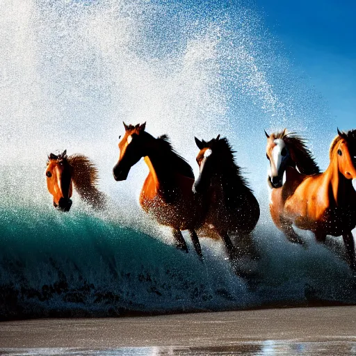 Prompt: close up of horses running through the waves on a beach with water splashing up, cinematographic shot, cartoon