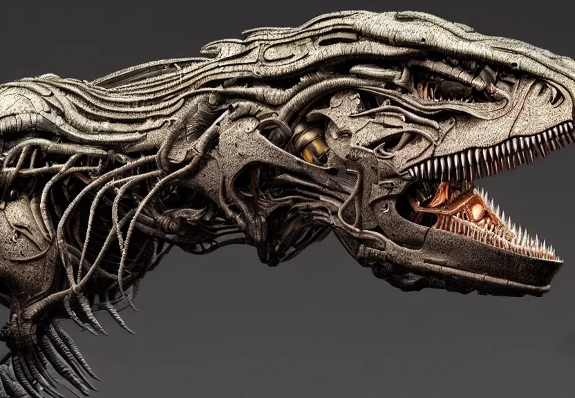 Prompt: extremely detailed. full body pictures of a gem - toned cybernetic tyrannosaurus rex engine. iridescent biomechanical giger ’ s xenomorph. the thing. detailed and intricate environment, wide angle, hyperrealism, plants and jungle, detailed and intricate environment, reflective, dynamic lighting, studio ghibli, 8 k