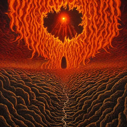 Image similar to Burning hellscape. Highly Detailed. Masterpiece. By Jeffrey Smith