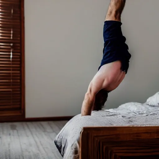 Image similar to a man doing a somersault on the bed