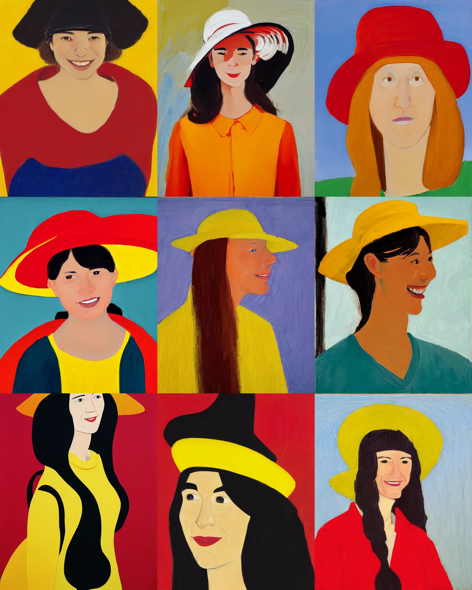 Prompt: portrait of a smiling young woman with hat, long hair and red shirt, yellow background, light colors, by alex katz, close up