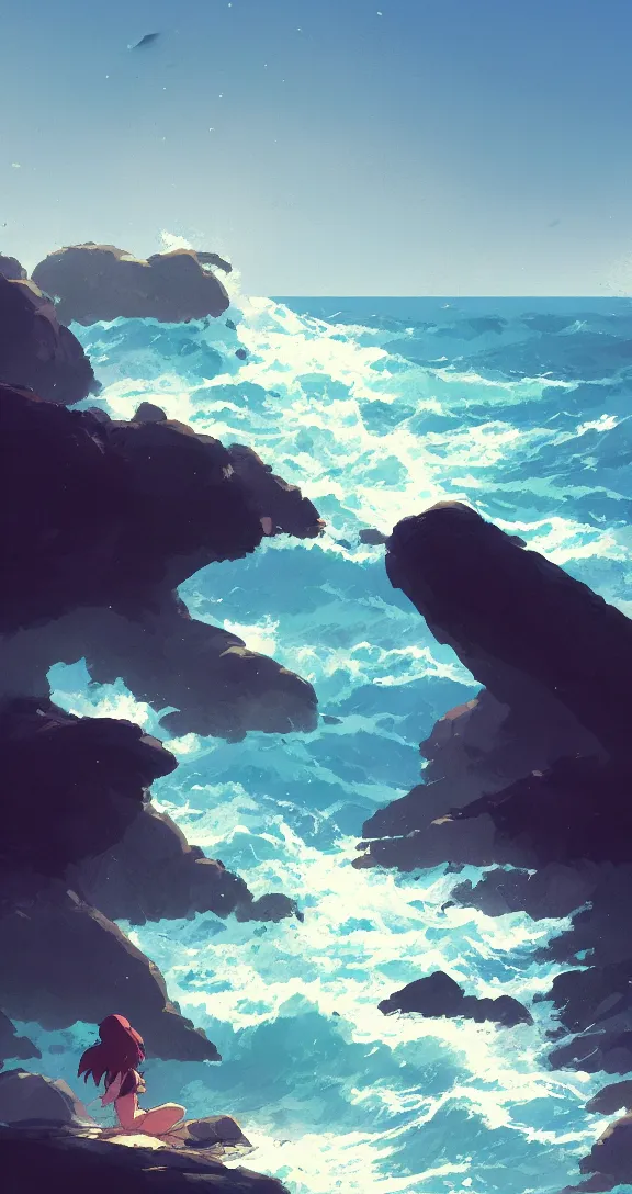 Image similar to Looking out at the waves, lots of ocean, uncluttered, tropical, bright, simple, by Studio Ghibli and Greg Rutkowski, artstation