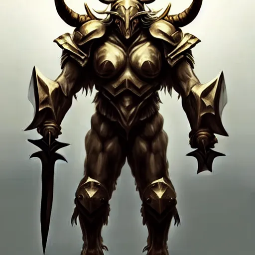 Image similar to Giant minotaur humanoid beast warrior with two handed axe, horned helmet, concept art, heavy white and golden armor, paladin, giant horns, portrait, dungeons and dragons, hyperrealism, high details, digital painting, dark fantasy