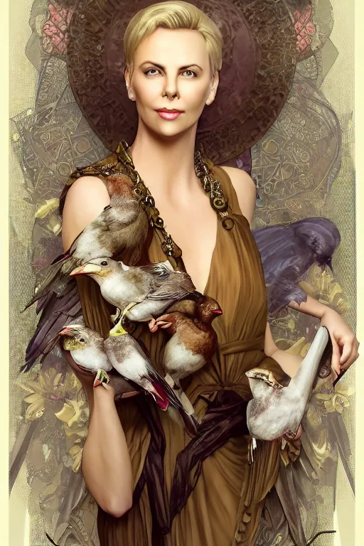 Prompt: charlize theron 3 d render of english princess holding birds, ornaments, mucha vibe, dieselpunk, solarpunk, artstation