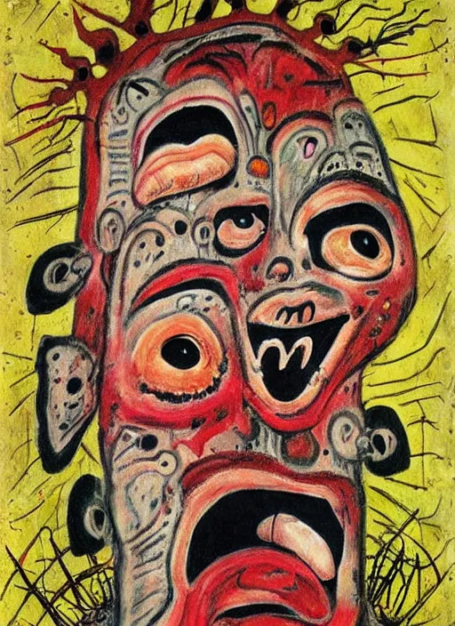 Prompt: a crazy horror portrait of art brut monster, which has weird stretched out eyes and a misshapen mouth, chaotic fulcolor background, art brut by a psycho man, color crazy outsider art bad painting