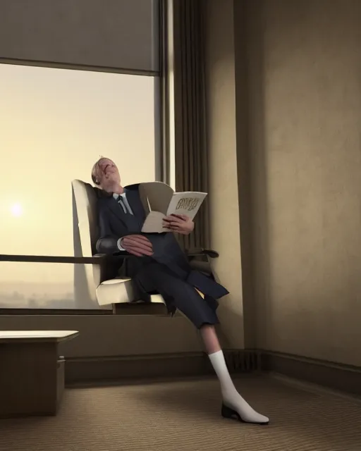 Image similar to a very high resolution image from a new movie, a weasel wearing a suit watching book in a shabby lawyer office, surrounded by water vapor and dim light summer unreal engine 5, hyper realism, realistic shading, cinematic composition, blender render, octane render, hdr, detailed textures, photorealistic, wide shot