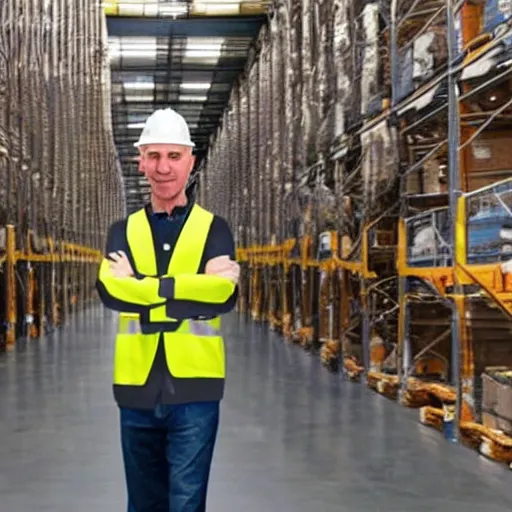 Prompt: Jeff Bezos as a warehouse employee, wearing safety equipment