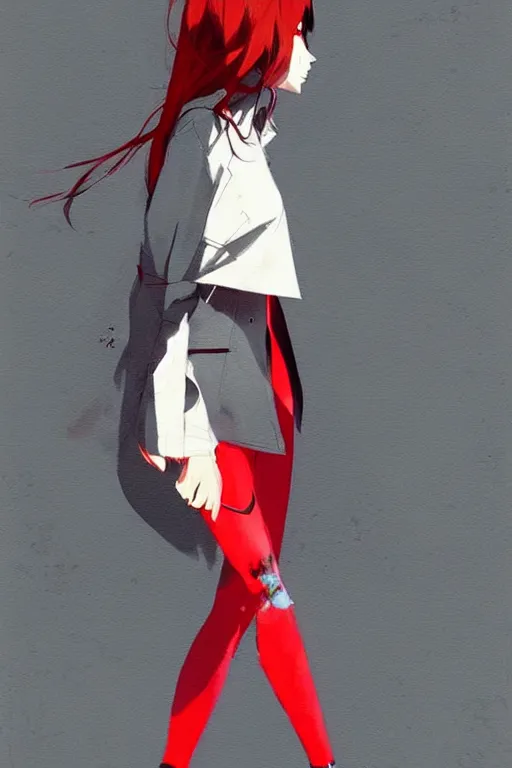 Image similar to a ultradetailed painting of a stylish woman wearing a grey jacket with red skirt, by conrad roset, greg rutkowski and makoto shinkai trending on artstation