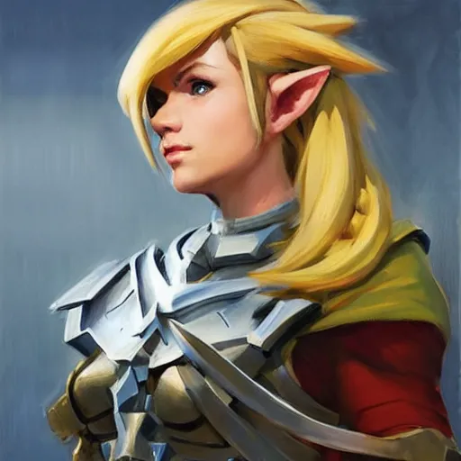 Image similar to greg manchess portrait painting of partially armored female link from legend of zelda as overwatch character, medium shot, asymmetrical, profile picture, organic painting, sunny day, matte painting, bold shapes, hard edges, street art, trending on artstation, by huang guangjian and gil elvgren and sachin teng