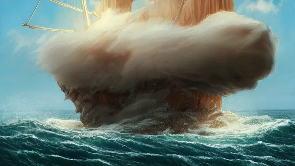 Image similar to a gigantic cat bursting out of a stormy sea attacking a small sail boat, wet fur, giant waves, sunbeams in background, intricate, detailed, volumetric lighting, sharp focus, scenery, photorealism, digital painting, highly detailed, concept art, by roger dean and simon stalenhag and mark brooks