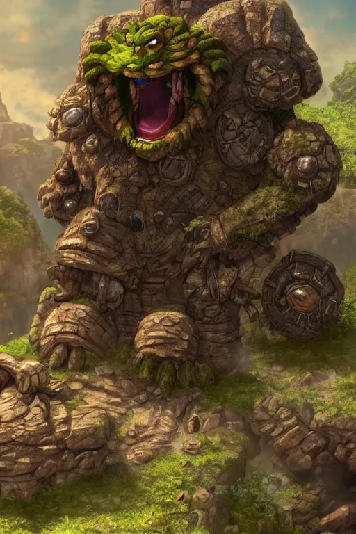 Image similar to zelda fantasy art giant golem troll wood rock greeble gemstone, global illumination ray tracing hdr fanart arstation by sung choi and eric pfeiffer and gabriel garza and casper konefal