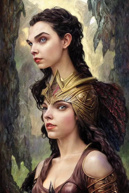 Image similar to A fantasy comic book style portrait painting of, hybrid of Gal Gadot, Anya Taylor-Joy, as a Mystical Valkyrie, a beautiful female Reptilian warrior, Regal, Realistic, Refined, Detailed Digital Art, Josephine wall, Oil Painting, William-Adolphe Bouguereau, Art Frahm, Esao Andrews, Steampunk, Walt Disney (1937), Highly Detailed, Cinematic Lighting, Unreal Engine, 8k, HD